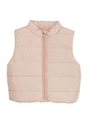 Veste matelassée sans manches rose clair avec fermeture éclair à l'avant et col montant, présentée sur un fond blanc.