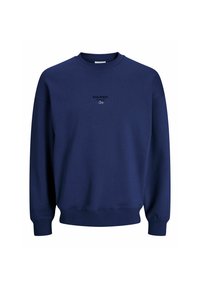 Navy blue sweatshirt made of cotton blend, featuring a crew neckline, ribbed cuffs, and hem, with “ESS.WRD.” logo in black on the chest.