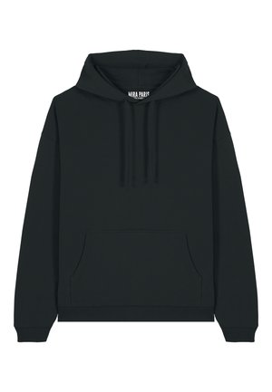 Black hoodie made from soft fabric, featuring a drawstring hood, front pocket, and ribbed cuffs and hem. Simple, relaxed design.
