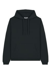Black hoodie made of soft material with a front pocket, drawstring hood, and ribbed cuffs and hem. Brand label visible at the neck.