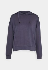 Sweat à capuche à manches longues bleu foncé avec poche kangourou à l'avant et cordons de serrage, présenté sur un fond clair uni.