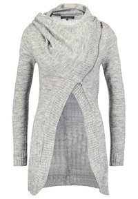 Grau gestrickte Strickjacke mit drapiertem Schalkragen, asymmetrischem Reißverschluss, langen Ärmeln und offenem Vorderteil. Weiche Textur mit glatter Oberfläche.