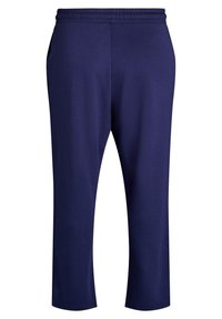 Navy blue athletic pants made from soft fabric, featuring an elastic waistband, two side pockets, and a tapered leg design.