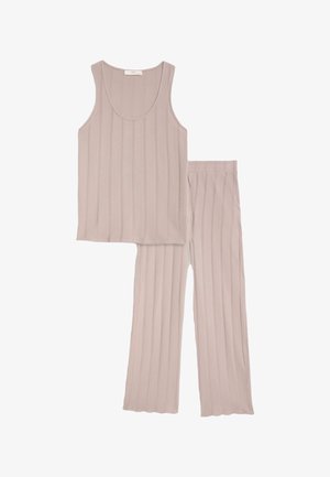 Set di canotta a coste grigio chiaro e pantaloni a gamba larga abbinati. Materiale morbido con scollatura rotonda. I pantaloni presentano una vita elasticizzata e tasche laterali.