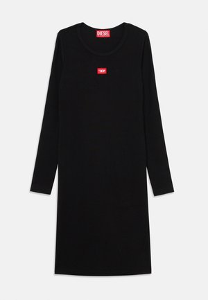 Robe noire à manches longues en coton, dotée d'un col rond et d'un petit patch logo rouge Diesel au centre.