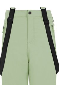 Lichtgroene broek met zwarte bretels, voorzien van een ritszak en een knoopsluiting. Soepele textuur en aangesloten pasvorm.