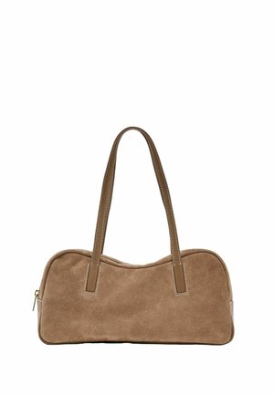Soft brown suede handbag with long stitched handles and a rounded rectangular shape against a white background.