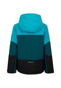 Türkisfarbene und schwarze Outdoor-Jacke mit Kapuze. Verfügt über ein color-block Design und das "ziener" Logo auf dem unteren Rücken. Wasserdichtes Material.
