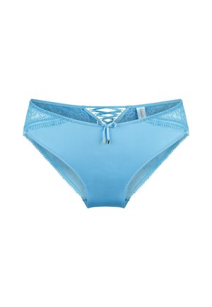 Lichtblauwe bikini slip met kantafwerking en kruisingdetails aan de voorkant. Heeft een gladde textuur en decoratieve accenten.