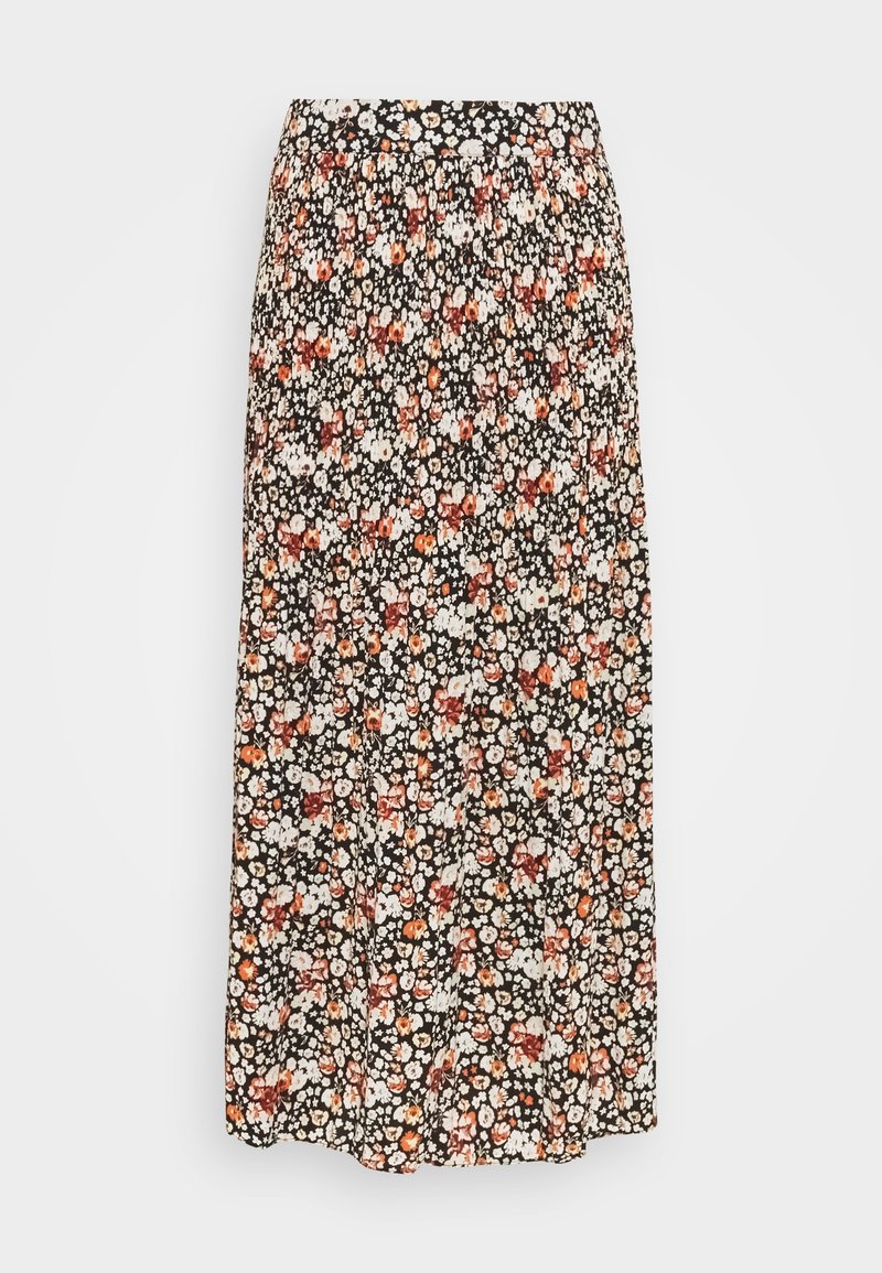 Longue jupe noire avec un petit motif floral blanc, orange et marron, dotée d'une taille froncée et d'un tissu fluide.