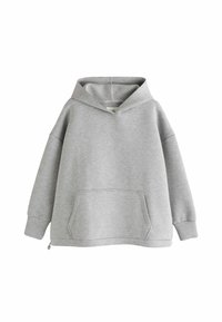 Grå hoodie med afslappet pasform, oversized ærmer, kængurulomme og justerbar hætte. Fremstillet af blødt, tekstureret stof.