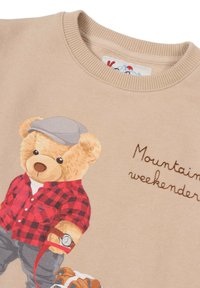 Un orsetto di peluche con un berretto grigio e una camicia a quadri rossi, con un orologio, tiene un guinzaglio per cani; il testo recita "Weekend in montagna" su un tessuto beige.