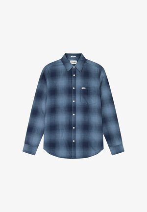 Langarm overhemd in een donkerblauw en zwart geruit patroon met een enkele borstzak en Wrangler-logo. Van een katoenmix.