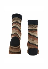 Gestreifte Socken mit einem Wellenmuster in Beige, Braun und Schwarz. Gestrickter Stoff mit einem schwarzen Rippbund und verstärktem Fersenbereich.