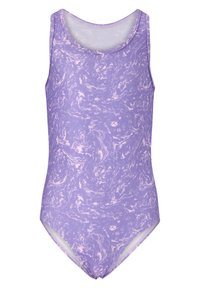 En delad baddräkt i ljus lila med marmorliknande mönster. Har en rund halsringning och är ärmlös, tillverkad av stretchigt material.