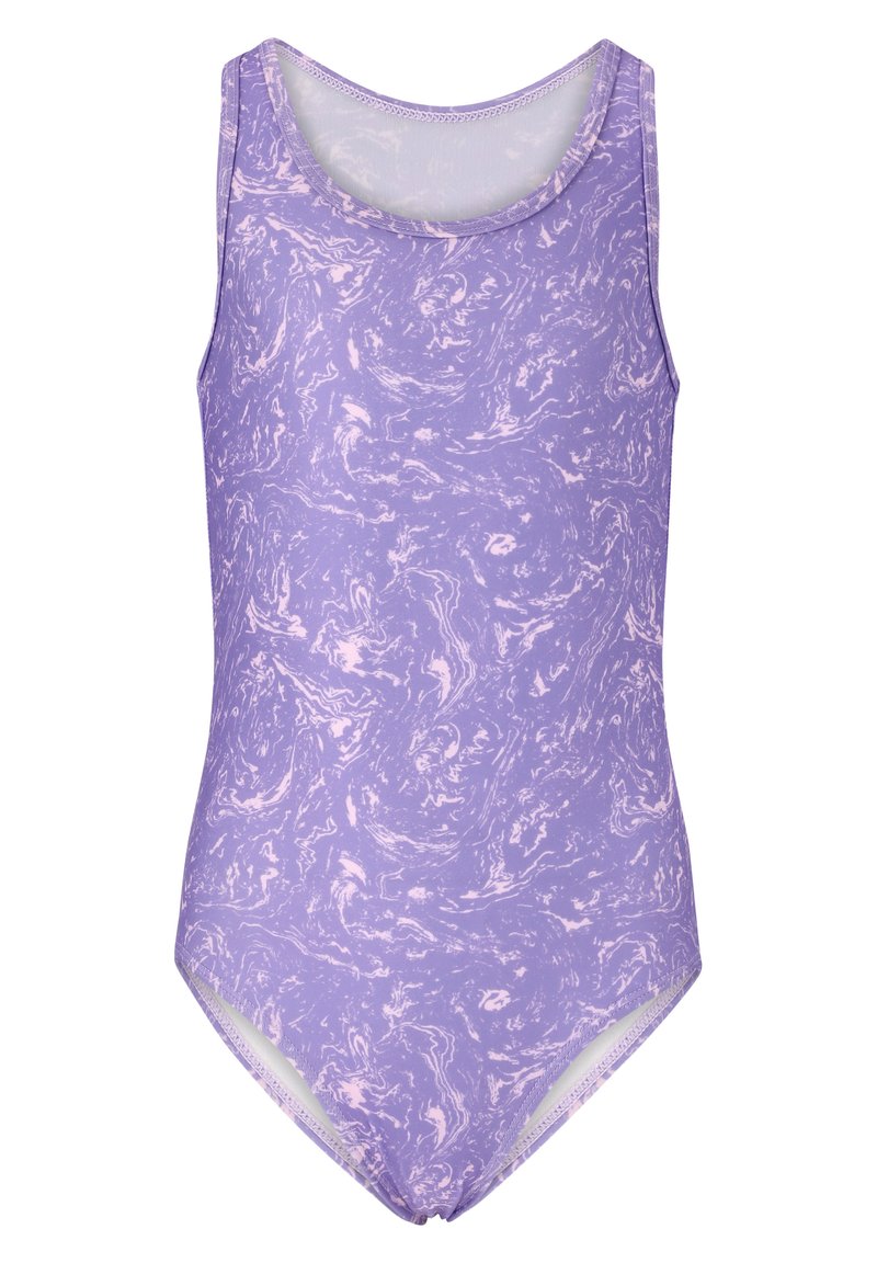 En delad baddräkt i ljus lila med marmorliknande mönster. Har en rund halsringning och är ärmlös, tillverkad av stretchigt material.