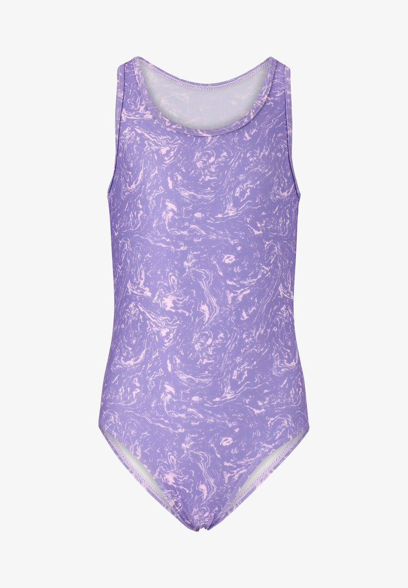 Én-dels badedragt i lyse lilla med et marmor mønster. Har en rund halsudskæring og uden ærmer, lavet af strækbart stof.