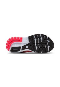 Suela de zapato atlético con banda de rodadura de goma negra, entresuela blanca y acentos rosas. Presenta surcos profundos para tracción y un diseño de talón redondeado.