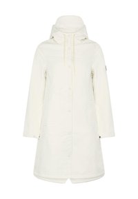 Biela nepremokavá bunda s vysokým golierom, zapínaním na zips a gombíky, dlhými rukávmi, bočnými vreckami a šnúrkami na krku. Hladká textúra tkaniny.