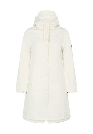 Balts ūdensizturīgs mētelis ar augstu apkakli, rāvējslēdzēja un pogu aizdari, garām piedurknēm, sānu kabatām un auklām ap kaklu. Gluda auduma tekstūra.