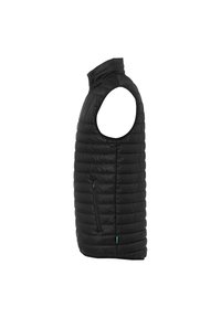 Gilet nero trapuntato senza maniche con collo alto e tasca laterale con zip, mostrato di lato destro su sfondo bianco.