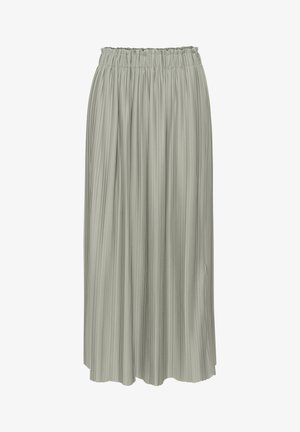 Pleated midi skirt in a soft green hue, featuring an elastic waistband and a flowy, textured design. Suitable for various occasions.