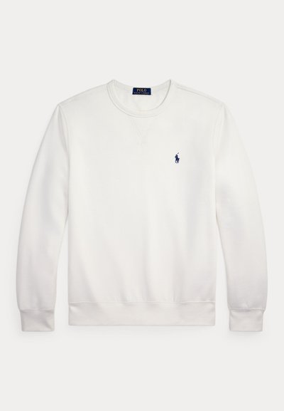 Hvid langærmet sweatshirt med rund hals og lille marineblåt Polo Ralph Lauren-logo på venstre bryst.