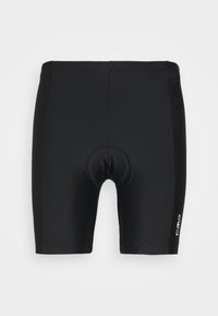 Pantaloni da ciclismo neri con design aderente, realizzati in materiale elasticizzato. Presentano imbottitura nella zona del sedile e un piccolo logo bianco sul lato.