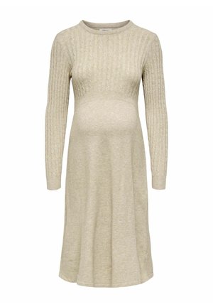 Beige lange mouwen gebreide zwangerschapsjurk met geribbelde bovenkant en uitlopende rok, ontworpen voor comfort en rekbaarheid.