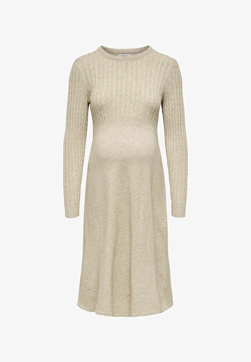 Robe de maternité beige à manches longues en maille, avec corsage supérieur côtelé et jupe évasée, conçue pour le confort et l'élasticité.