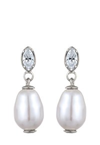 Perlenohrringe mit einer silbernen Fassung. Jeder Ohrring hat einen marquise-förmigen Kristallakzent über einem glatten, glänzenden Perlenanhänger.