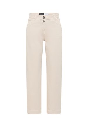 Pantalones beige de tiro alto y pierna recta con cierre de doble botón, bolsillos delanteros, trabillas para cinturón y etiqueta de denim en el interior de la pretina.