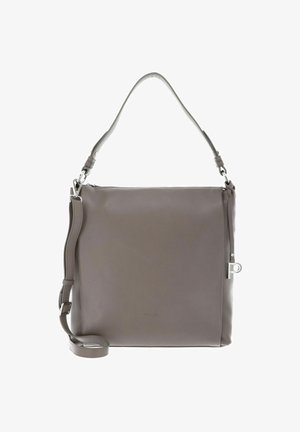 Sac besace en cuir gris avec une surface lisse, une seule bandoulière, fermeture éclair et accents en métal argenté. Design minimaliste.