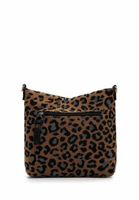 Leopard print bag in brown and black fabric, featuring a zippered front pocket, sleek shape, and two top straps for easy carrying.