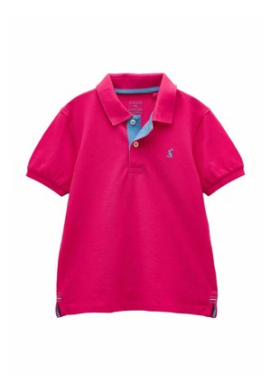 Bright pink short-sleeve polo shirt with blue inner collar and buttons, small embroidered hare logo on chest, and side slit details.