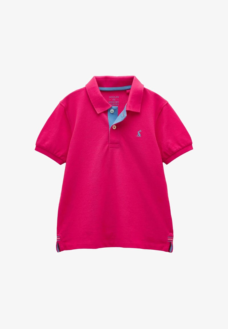 Polo rose vif à manches courtes avec col intérieur et boutons bleus, petit logo lièvre brodé sur la poitrine, et détails fentes latérales.