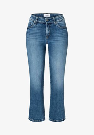 Jeansy z denimu w średnim niebieskim kolorze z lekkim wyblaknięciem, w stylu z pięcioma kieszeniami, zapięciem na guzik i suwak oraz prostymi, skróconymi nogawkami.