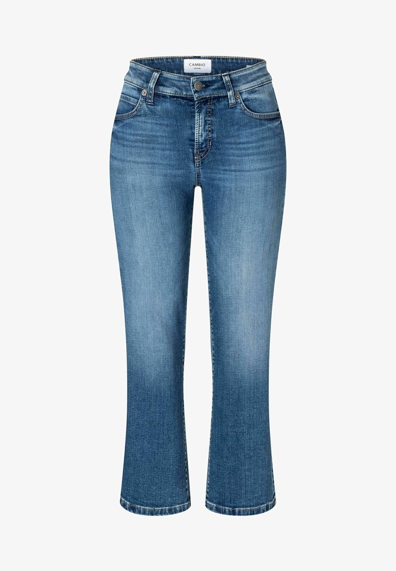 Jean en denim bleu moyen avec légère décoloration, style cinq poches, fermeture par bouton et fermeture éclair, et jambes droites raccourcies.