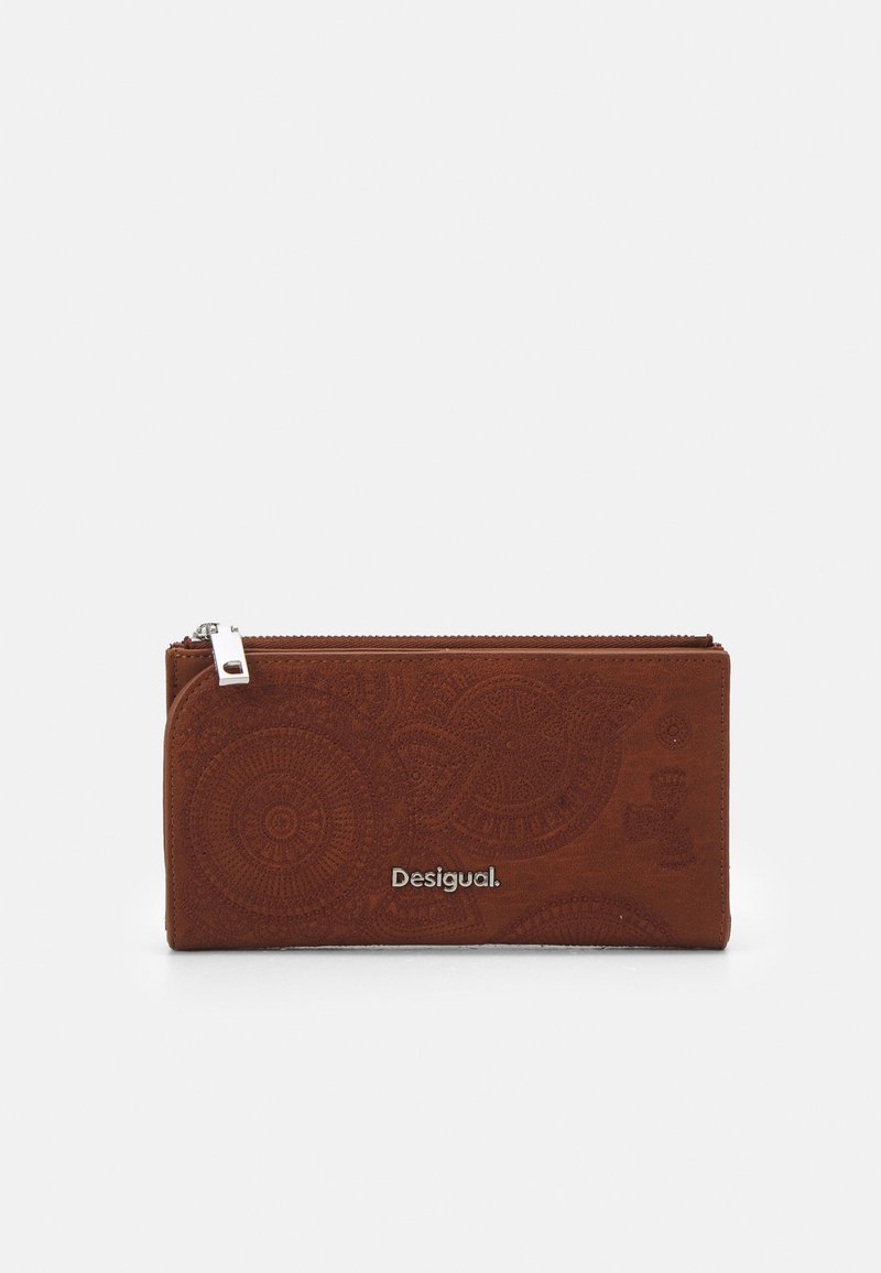 Brown leather wallet featuring embossed circular patterns, a silver zipper, and a subtle brand logo on the front.