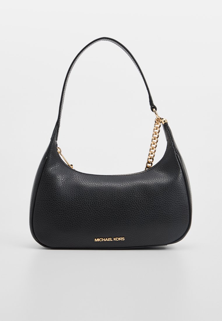 Schwarze Lederhandtasche mit strukturiertem Finish, geschwungener Form, einreiligem Schultergurt und goldfarbenen Beschlägen mit Logoakzent.