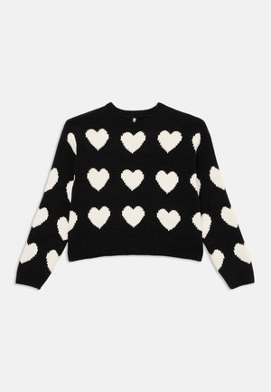 Fekete pulóver fehér szívmintákkal, kerek nyakkivágással, hosszú ujjakkal és bordázott szegéllyel. Puha kötött anyagból készült, laza fazonú.