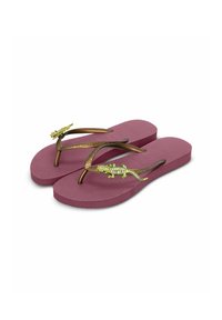 Paarse flip-flops met een gestructureerde voetbed, bronzen banden met juwelen in de vorm van groene hagedisversieringen. Lichtgewicht ontwerp voor casual gebruik.