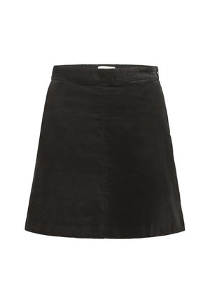 Mini jupe noire en tissu doux, avec une texture lisse, une taille ajustée et un ourlet légèrement évasé. Design simple et minimal.