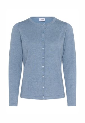 Svetlo modri kardigan iz mehkega pletenega materiala, z okroglim ovratnikom, dolgimi rokavi in gumbom za zapiranje spredaj.