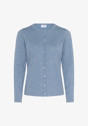 Svetlo modri kardigan iz mehkega pletenega materiala, z okroglim ovratnikom, dolgimi rokavi in gumbom za zapiranje spredaj.