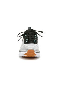 Black and white athletic shoe with a textured mesh upper, turquoise laces and accents, a rubber sole, and a distinctive orange heel.