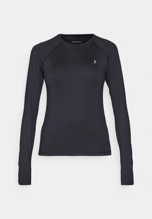 Long-sleeve black athletic shirt with a fitted design, made of smooth, stretchy fabric. Features raglan sleeves and a small logo on the upper left.