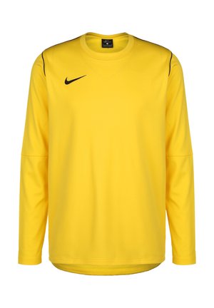T-shirt de sport jaune à manches longues Nike Dri-FIT avec logo swoosh noir sur la poitrine et un fin liseré noir aux épaules.