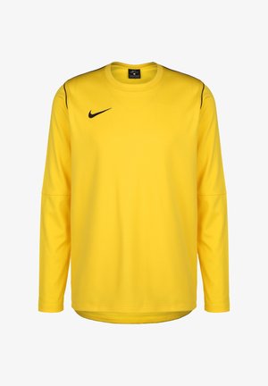 Žluté sportovní tričko Nike Dri-FIT s dlouhým rukávem, černým logem Swoosh na hrudi a jemným černým lemováním na ramenou.