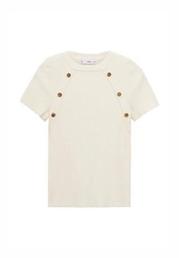 Top crema a maniche corte con texture a coste, scollatura tonda e dettagli in oro sui cuciture raglan.